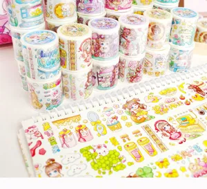 Cute washi tape set and decorative stickers for journaling, crafts, and DIY planner use.