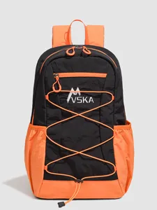 Black and orange colorblock backpack, large capacity sports casual daypack for school travel.