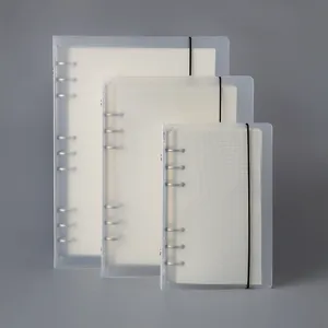 Translucent frosted plastic binder notebook shell with elastic band and metal rings in multi sizes.