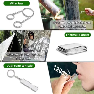 Outdoor survival noodpakket inclusief draagzaag, reddingsdeken en luid fluitje.