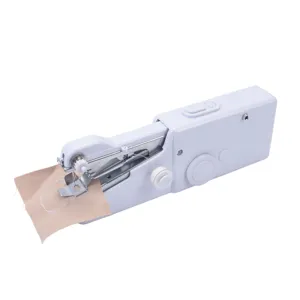 Portable handheld electric sewing machine mini cordless home travel use white color device.