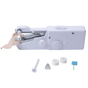 Portable handheld electric sewing machine detail view with accessories and bobbins.