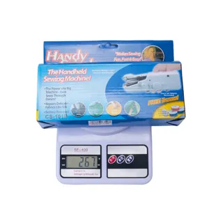 Portable handheld cordless electric sewing machine detail showing packaging and weight.