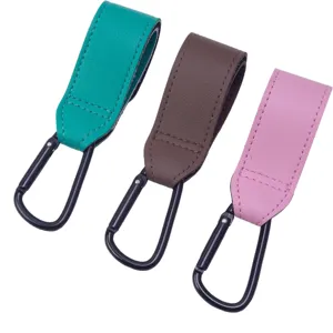 Crochet poussette universel, sangle en cuir PU avec mousqueton métal, lot de 3 attaches.