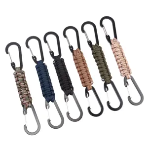 Paracord keychain with dual carabiners, durable outdoor EDC gear and backpack hook set.