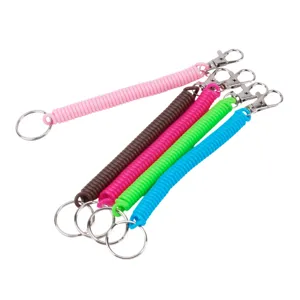 Colorful plastic spring keychains with metal clasps, durable anti-lost cord for daily use.