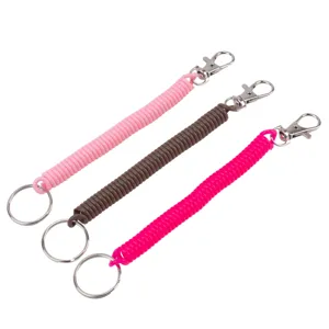 Detailed close-up of colorful plastic spring coil keychains with metal clasps and rings.