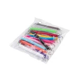 Colorful plastic coiled spring keychain detail, durable elastic anti-lost rope with metal rings.