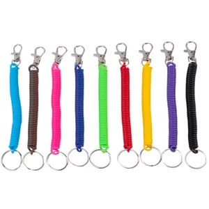 Colorful spring keychain coiled lanyard with lobster clasp and metal ring for secure keys.
