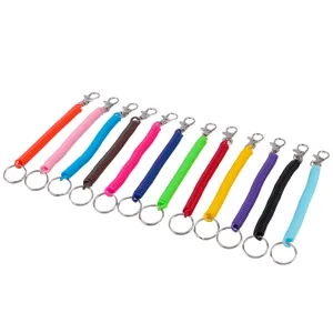 Colorful plastic spring keychains detail view, elastic coil anti-lost lanyards with metal rings.