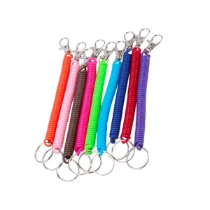 Colorful plastic spring coiled keychains with metal lobster clasps and key rings.