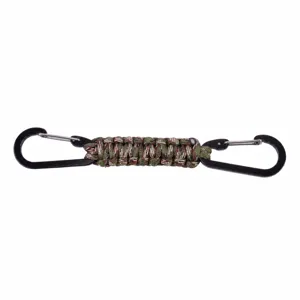 Outdoor paracord keychain with dual black carabiners, handmade military lanyard, top view.