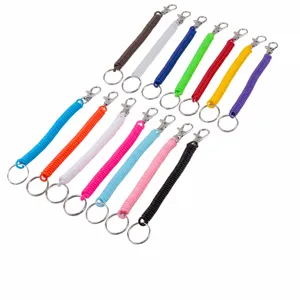 Colorful spring lanyard keychain, plastic telephone cord keyring with metal clasp multi color