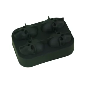Black silicone 4-cavity skull ice cube mold for whiskey, flexible barware detail view.