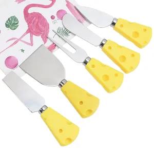 Stainless steel cheese knife set featuring yellow cheese shaped handles detail view.