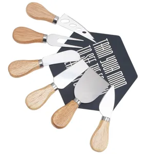 Professional stainless steel cheese knife set with rubber wood handles, 6 pieces baking tool.