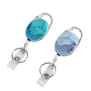 Retractable badge reels with carabiner clip, oval marble pattern ID card holders, 2pcs.