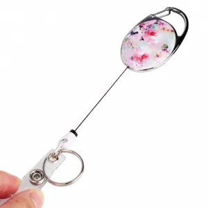 Retractable Badge Reel Oval Floral ID Card Holder Heavy Duty Carabiner Keychain 70cm Cord