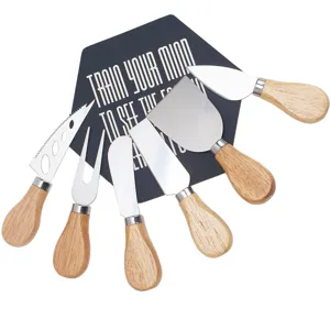 Stainless steel cheese knife set with rubber wood handles for cutting butter, cheese and pizza.