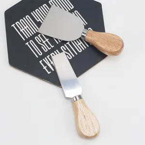 Stainless steel cheese knife set with wooden handle, ideal detail view for kitchen baking tool use.