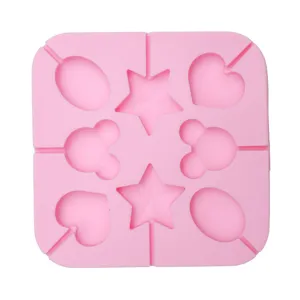 Square silicone lollipop mold baking tool with cute cartoon chocolate and candy shapes.