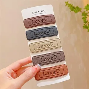 Leather square hair clips set with cute love pattern, candy colors, stylish daily accessories.