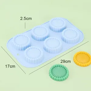 Silicone 6-cavity sunflower cake mold, food-grade DIY baking tool with clear size specs.