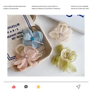 Set of 4 elegant chiffon flower hair claw clips with faux pearls and rhinestones for women.