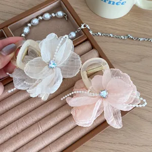 Elegant chiffon flower hair claw clip with crystal heart and pearls for women and girls daily wear.