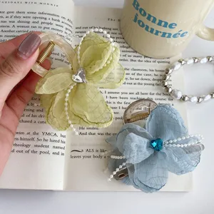 Chic fabric flower hair claw clip with pearl chain and crystal heart for women hair accessories