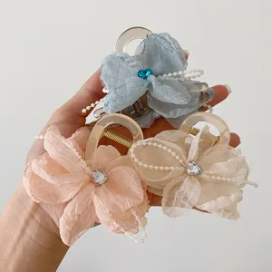 Chiffon flower hair claw with pearls and crystal accent, elegant daily hair accessory.