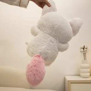Cute white plush cat toy with fluffy pink tail, soft stuffed animal doll for kids gift.