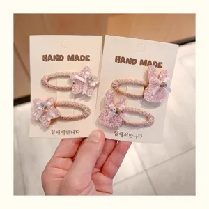 Cute pink glitter rabbit and star hair clips set for kids, handmade bow rhinestone hair barrettes.