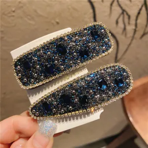 Blue rhinestone hair clips sparkly crystal snap hair barrettes for women girls styling accessories