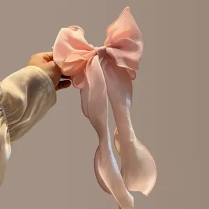 Detailed shot of a large pink organza bow hair clip, elegant ribbon design for women hairstyles.