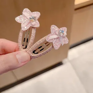 Cute pink glitter star snap hair clips with bows and rhinestones for daily cute styling