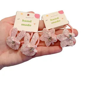Cute glitter rabbit and star hair ties for kids, sweet pink elastic hair bands with card.