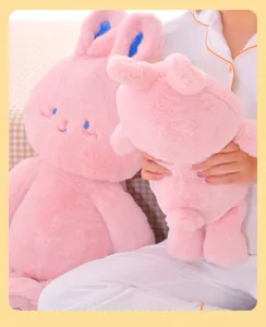Zacht roze pluche konijn speelgoed met blauwe oren schattig knuffeldier voor kinderen