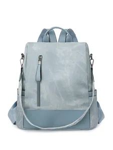 Women soft leather anti-theft backpack stylish casual travel daypack in light blue color