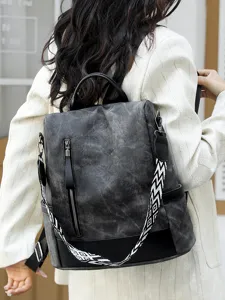 Stylish women's soft leather backpack with geometric pattern strap for daily travel casual bag