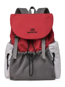 College style color block nylon backpack with flap and drawstring for casual travel.