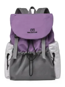 College style color-block nylon backpack with flap and drawstring. Casual travel bag for women.