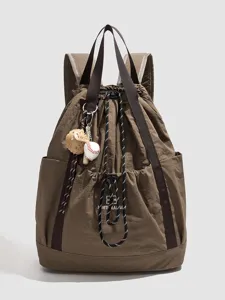 Nylon drawstring backpack casual travel shoulder bag featuring a cute baseball charm for women.