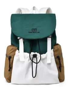 College style flap drawstring backpack for women, casual colorblock nylon travel rucksack.