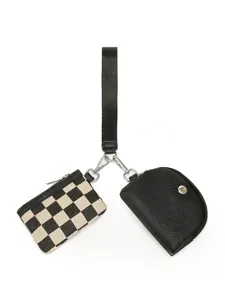 Fashion Two-in-One Women Wrist Bag PU Leather Checkerboard Leopard Cow Print Mini Coin Purse Card Holder Clutch Handbag