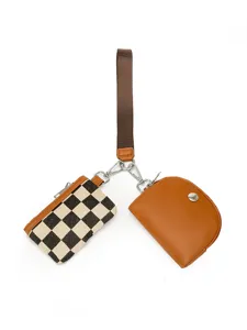 Two-in-one multi-pouch wristlet keychain set featuring checkerboard and solid brown mini bags.