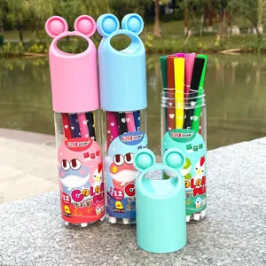 Cute frog ear design watercolor pens set 12 colors in transparent cylinder case for kids.