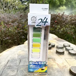 Portable 24 colors solid watercolor paint set for student art painting, includes water brush.