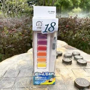 Portable 18-color solid watercolor paint set with water brush pen for creative art painting.