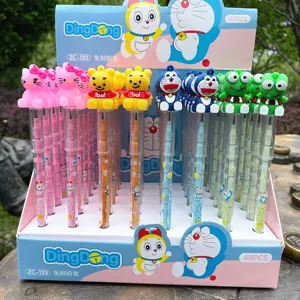 Detailed view of cute cartoon push pencils display box with colorful assorted animal caps.